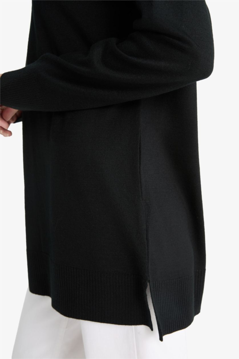 حريمي أسود تونيك قصة عادية بياقة مستديرة أسود