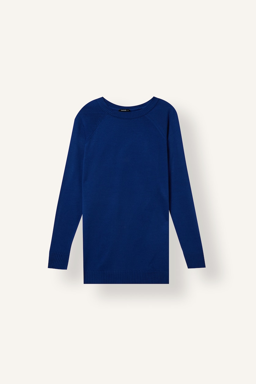 Women Sax Regular Fit Long Blue Crew Neck Knitted Sweater