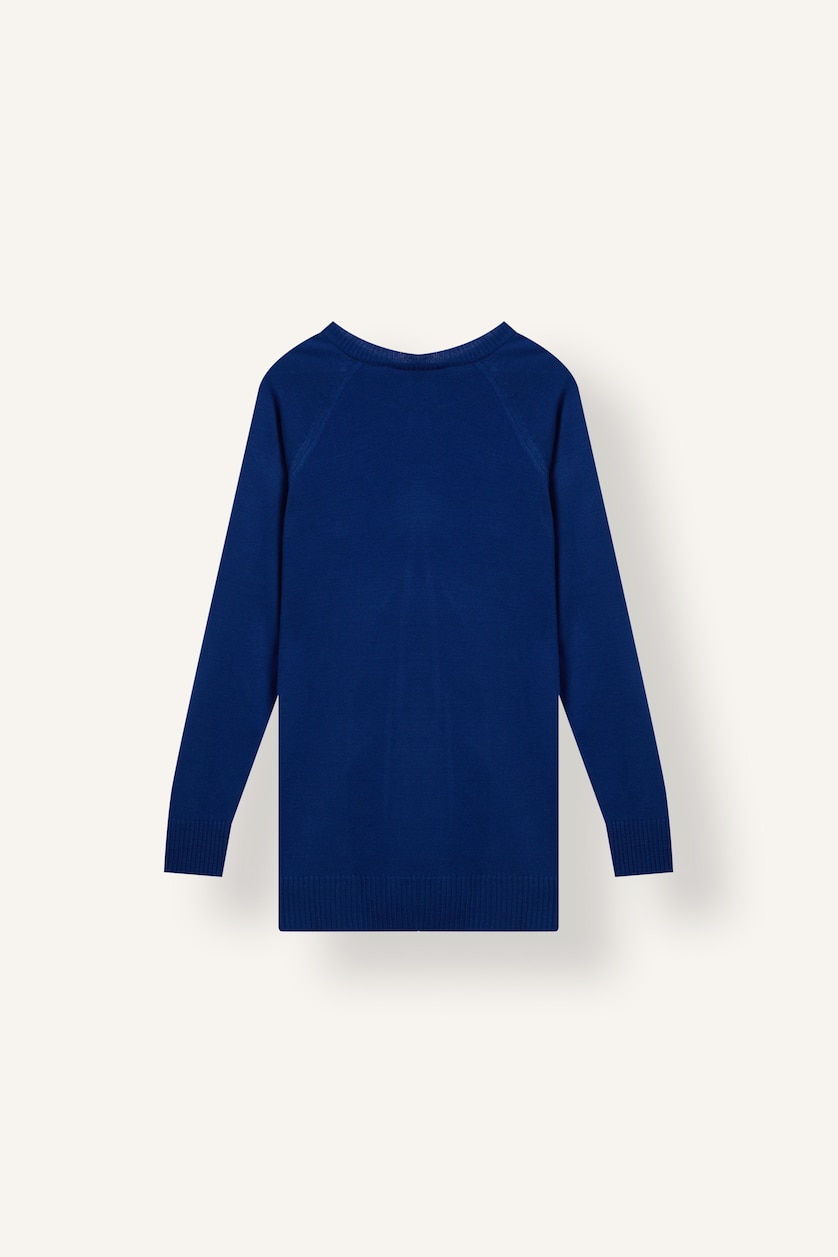 Women Sax Regular Fit Long Blue Crew Neck Knitted Sweater