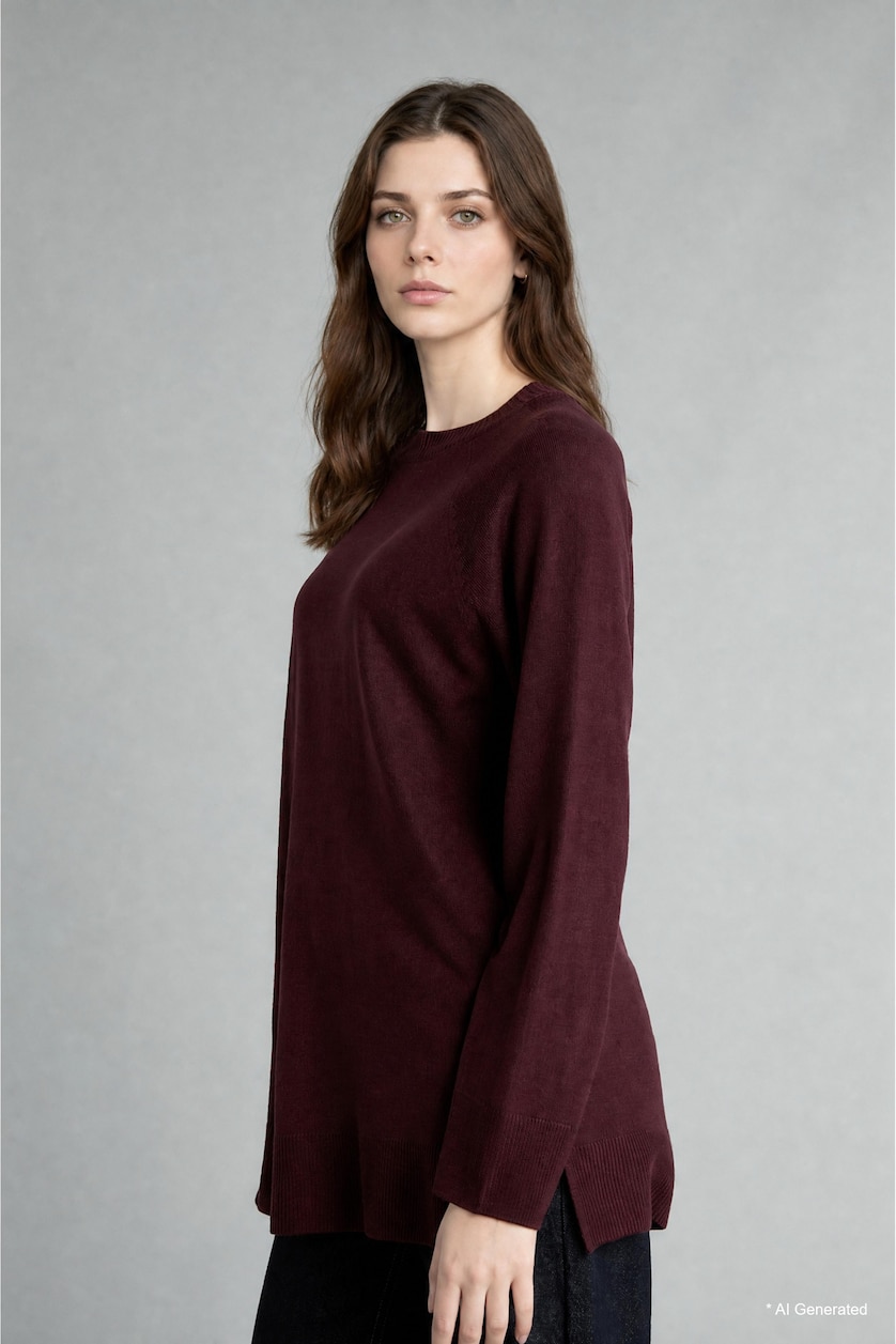 Woman Bordeaux Regular Fit Knitted Crew Neck Tunic