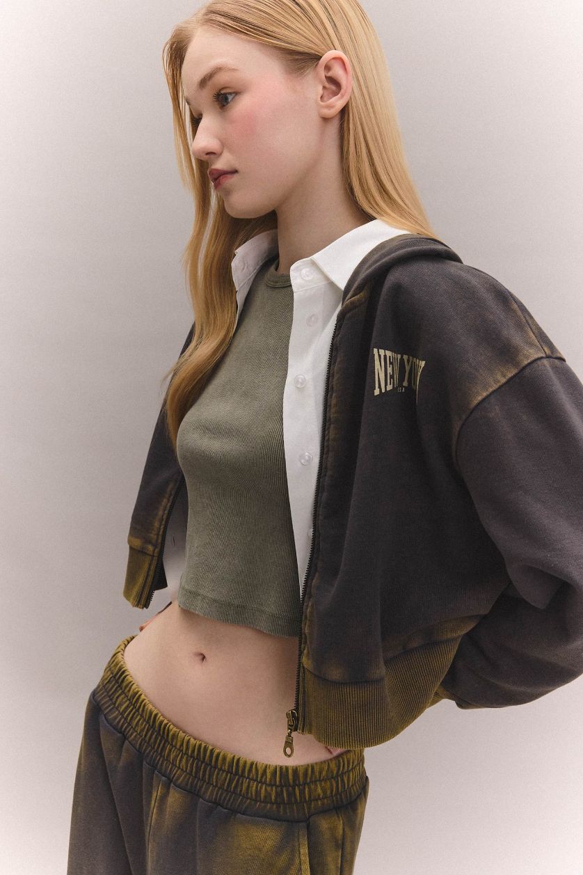 Woman Anthracite Crop Washed Faded Effect Printed Thick Fabric Cardigan