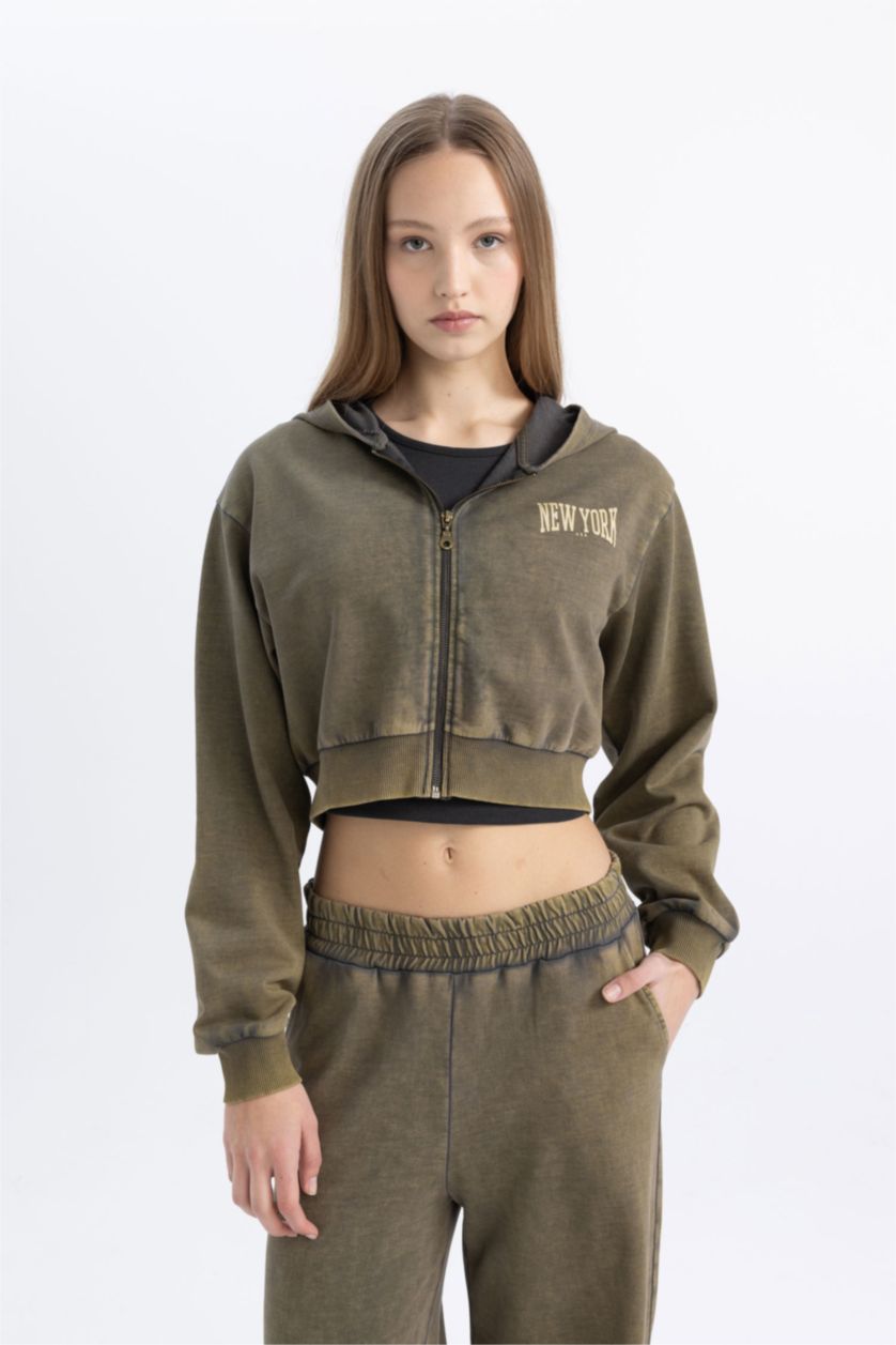 Woman Anthracite Crop Washed Faded Effect Printed Thick Fabric Cardigan