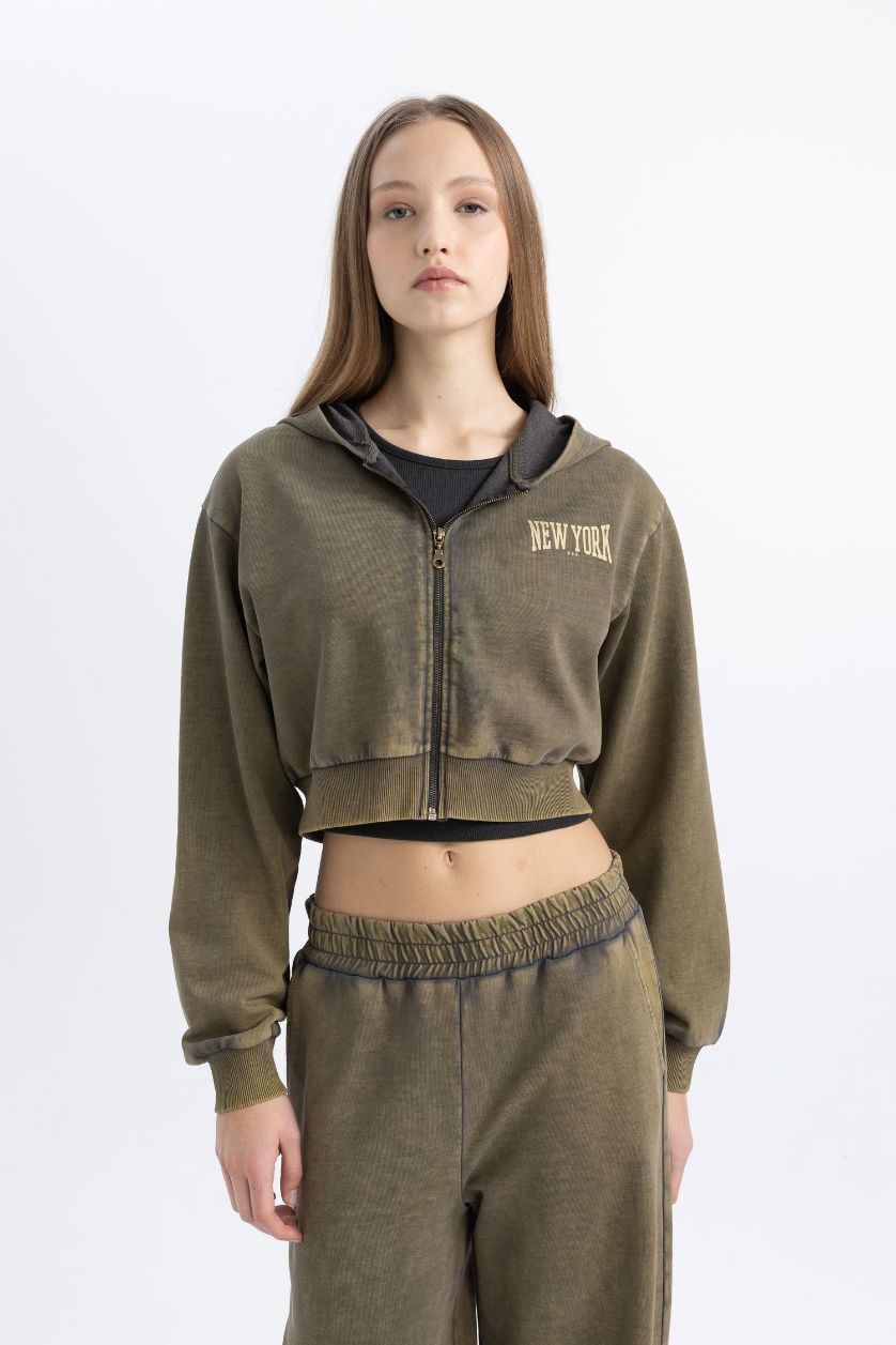 Woman Anthracite Crop Washed Faded Effect Printed Thick Fabric Cardigan