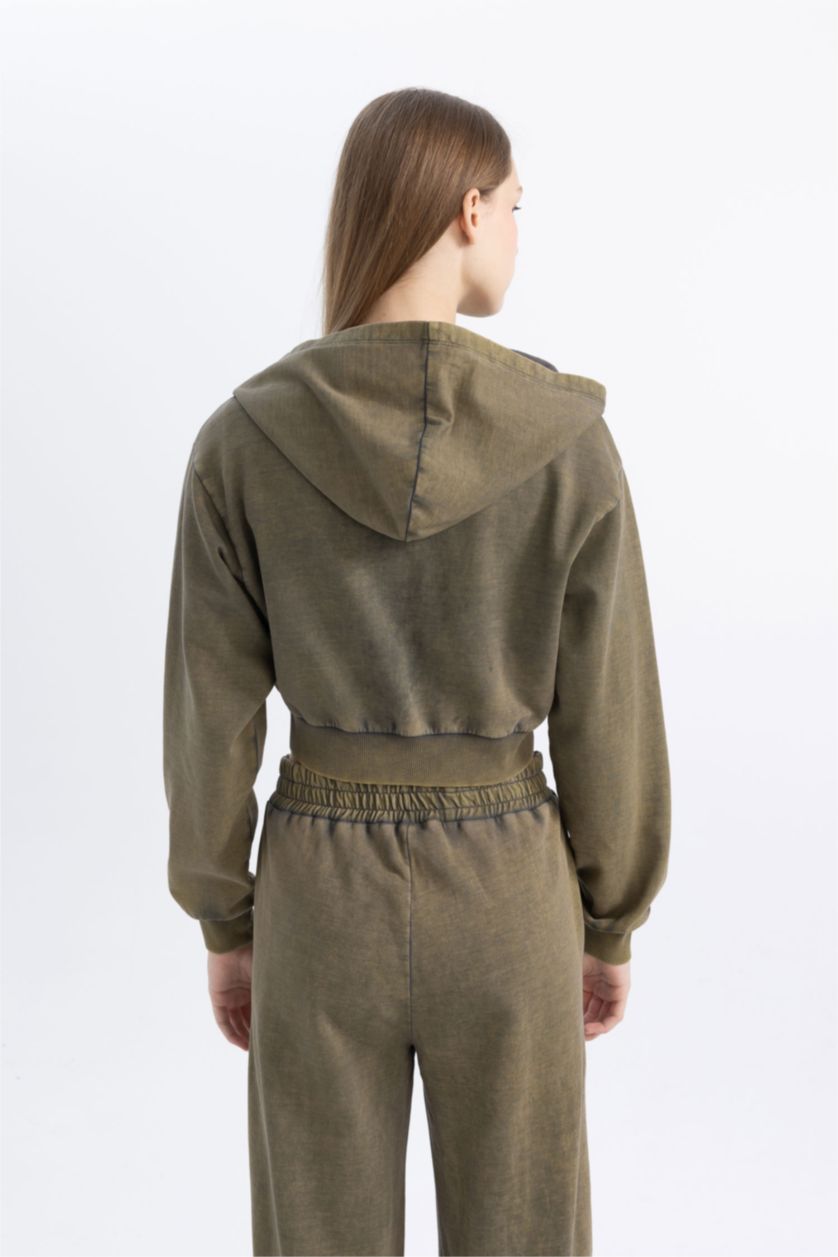 Woman Anthracite Crop Washed Faded Effect Printed Thick Fabric Cardigan