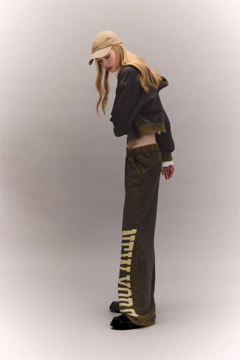 WOMAN Anthracite Wide Leg Printed Thick Fabric Washed Effect Sweatpants