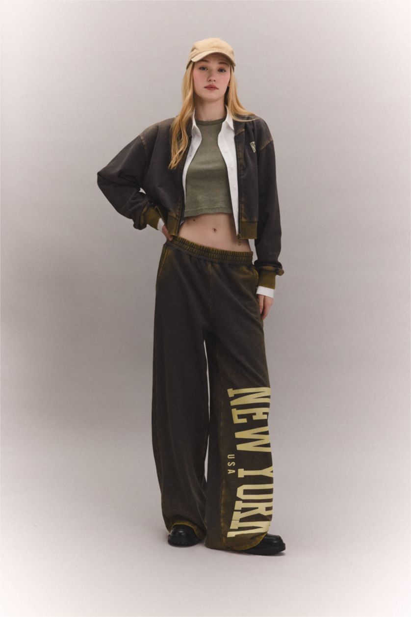 WOMAN Anthracite Wide Leg Printed Thick Fabric Washed Effect Sweatpants
