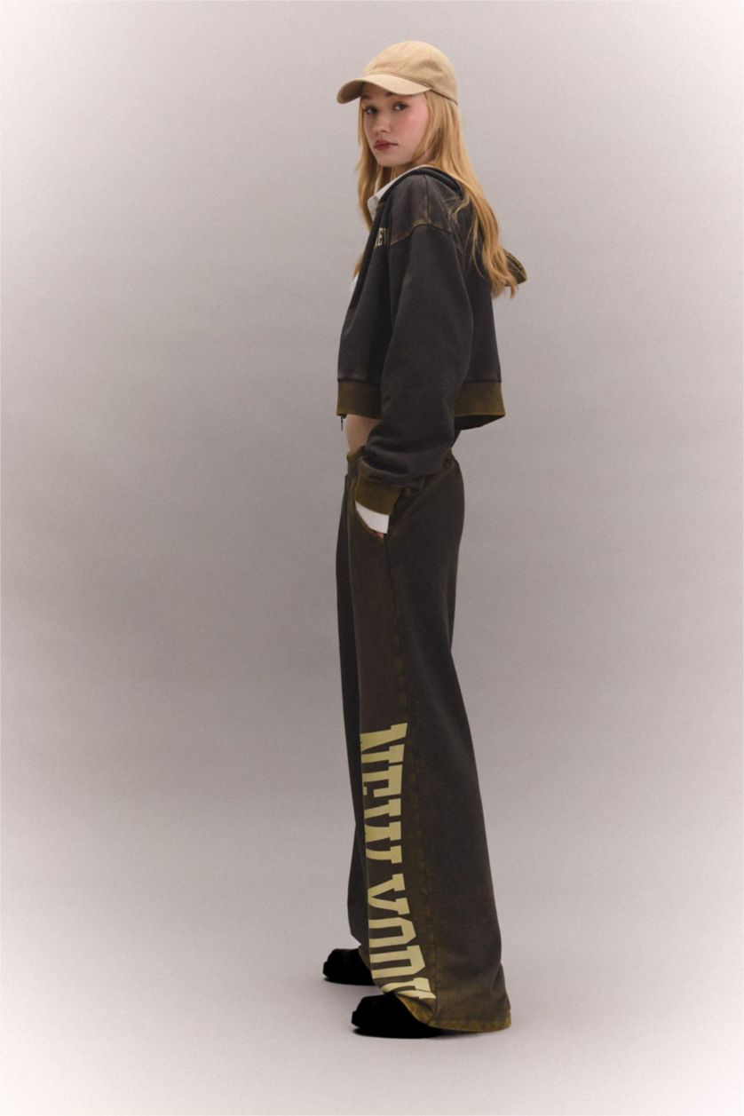 WOMAN Anthracite Wide Leg Printed Thick Fabric Washed Effect Sweatpants