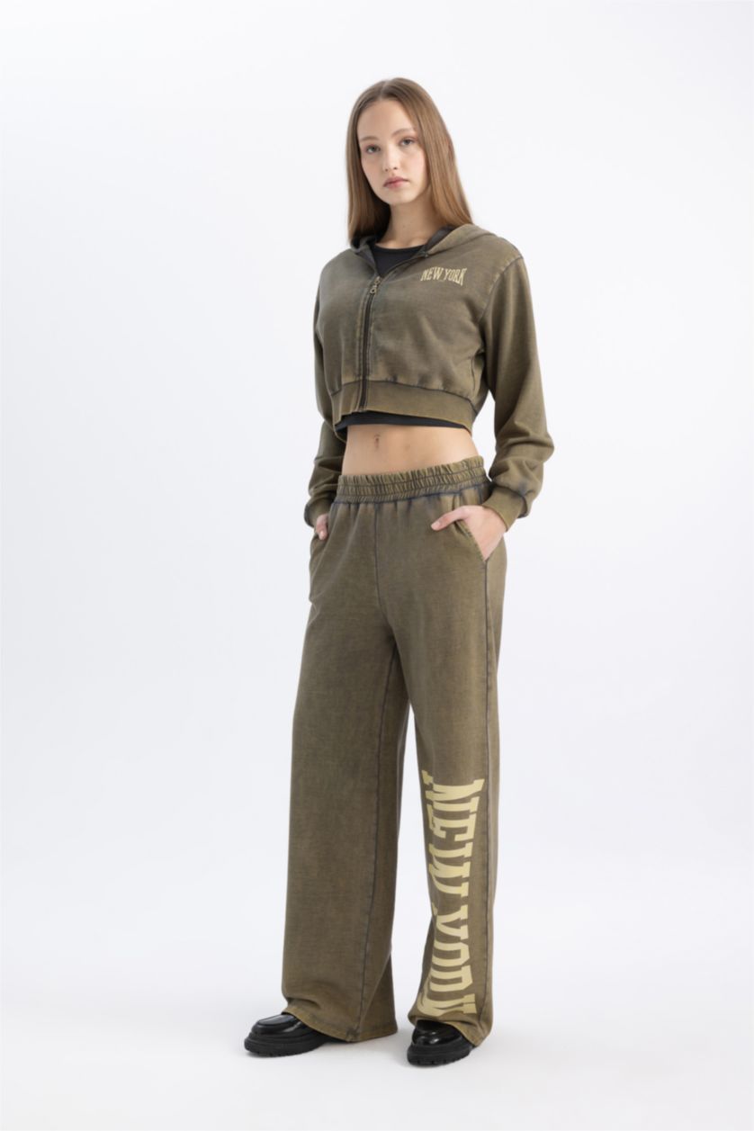 WOMAN Anthracite Wide Leg Printed Thick Fabric Washed Effect Sweatpants