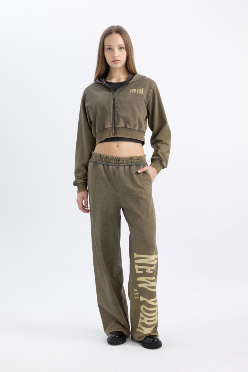 WOMAN Anthracite Wide Leg Printed Thick Fabric Washed Effect Sweatpants