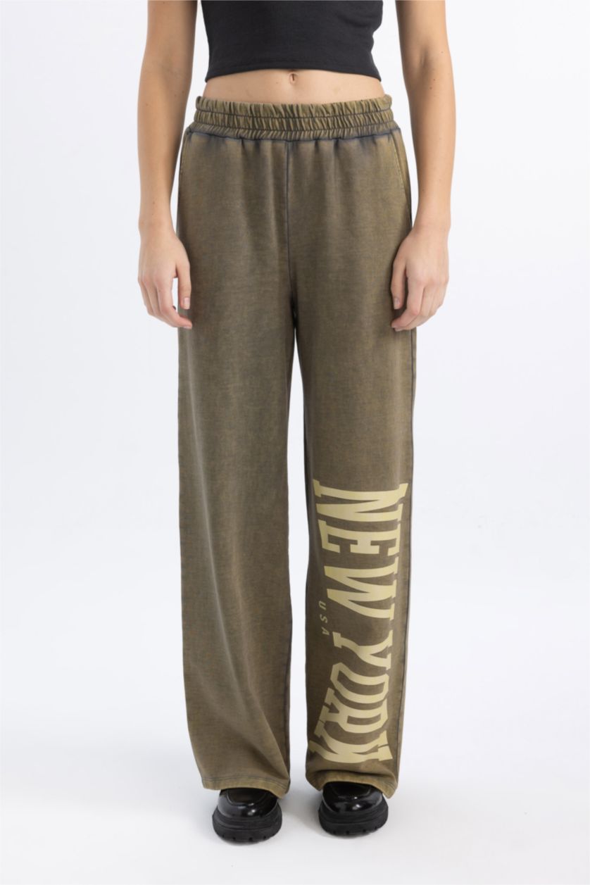 WOMAN Anthracite Wide Leg Printed Thick Fabric Washed Effect Sweatpants