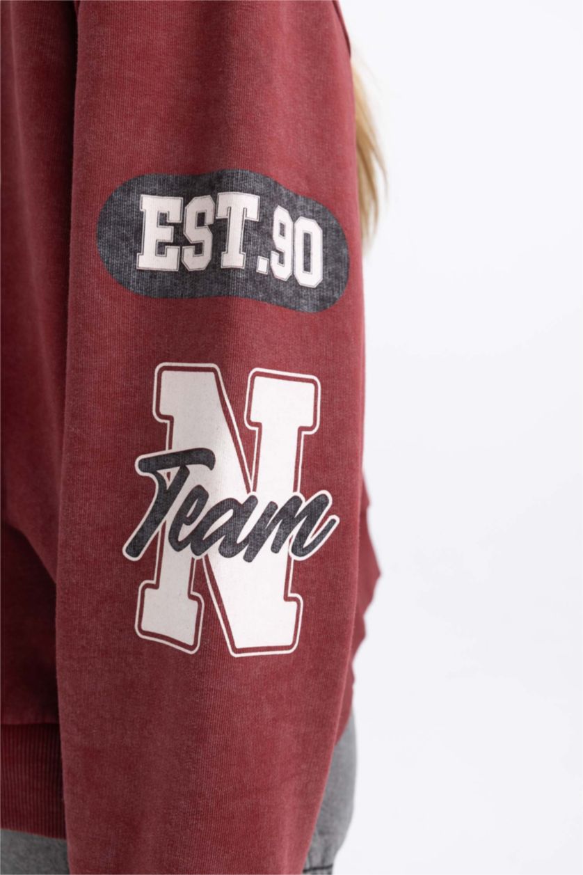 نساء خمري سويت شيرت واسع برقبة V وتأثير باهت