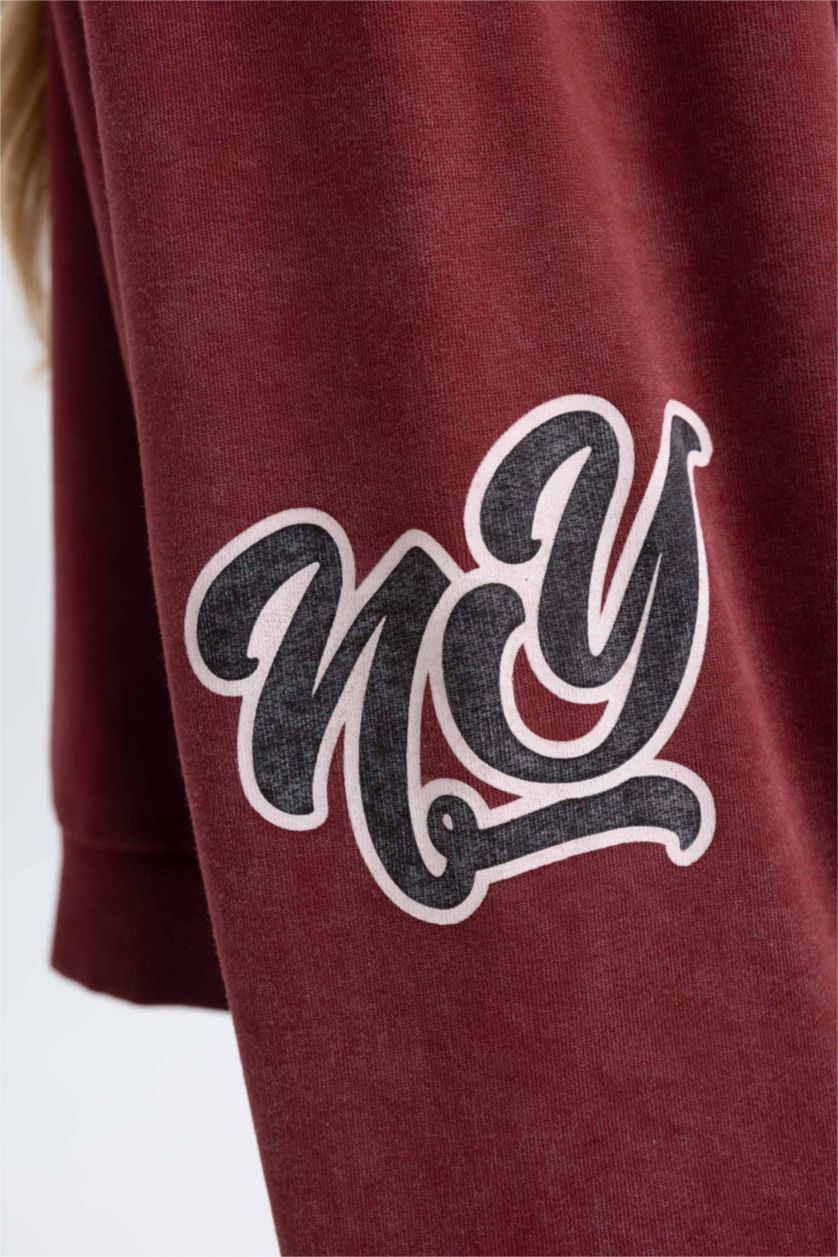 نساء خمري سويت شيرت واسع برقبة V وتأثير باهت