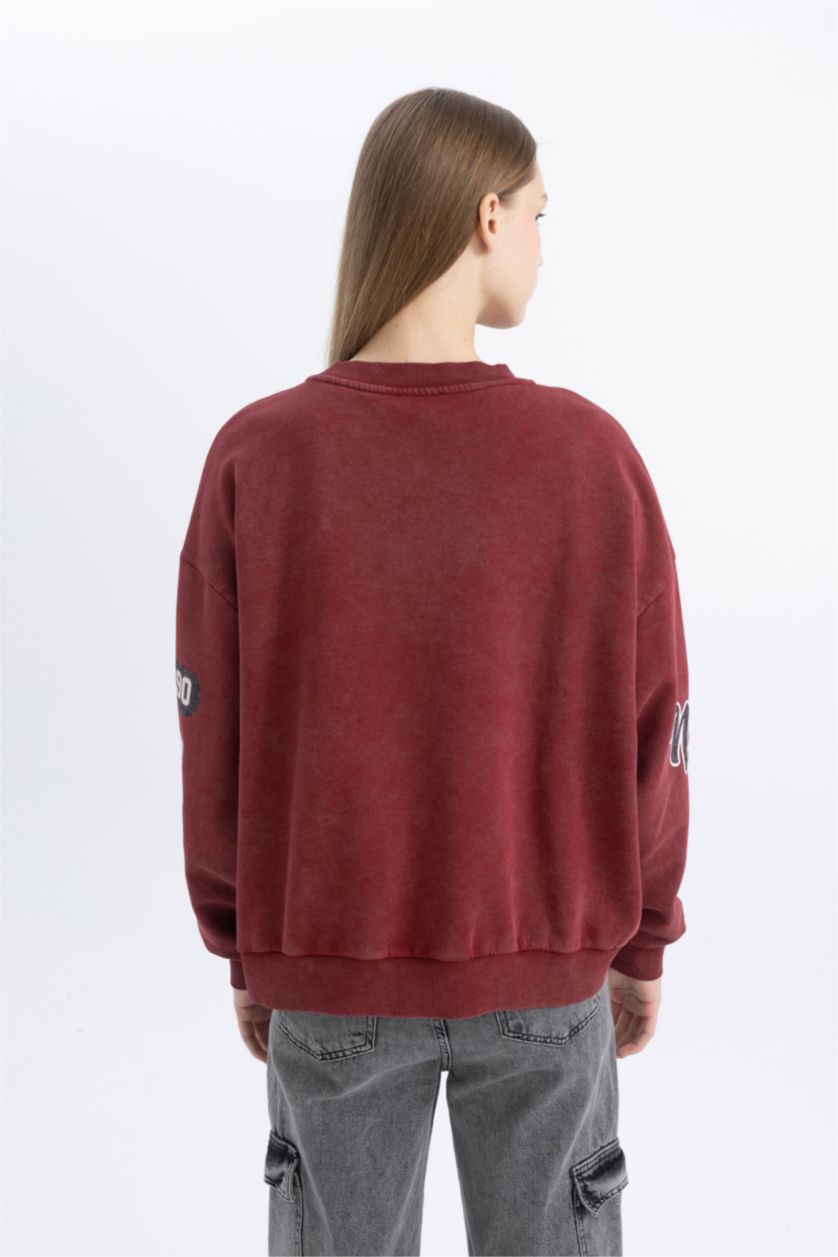 نساء خمري سويت شيرت واسع برقبة V وتأثير باهت