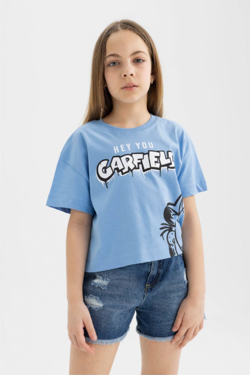 Girls & Teens Blue Girl Garfield Crop Short Sleeve T-Shirt