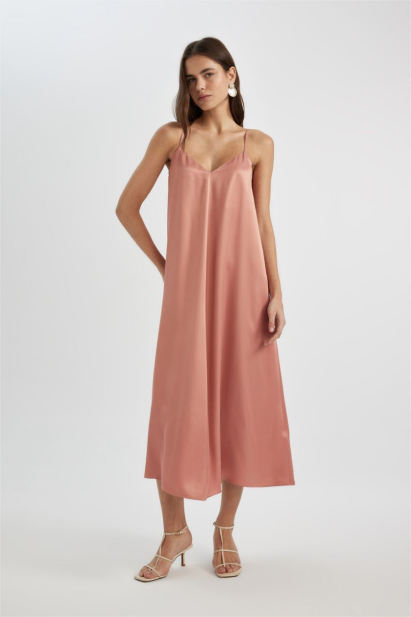 Женщины Светло-розовый Платье с коротким рукавом миди А-силуэта с V-образным вырезом из сатина