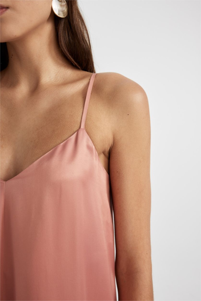 Женщины Светло-розовый Платье с коротким рукавом миди А-силуэта с V-образным вырезом из сатина