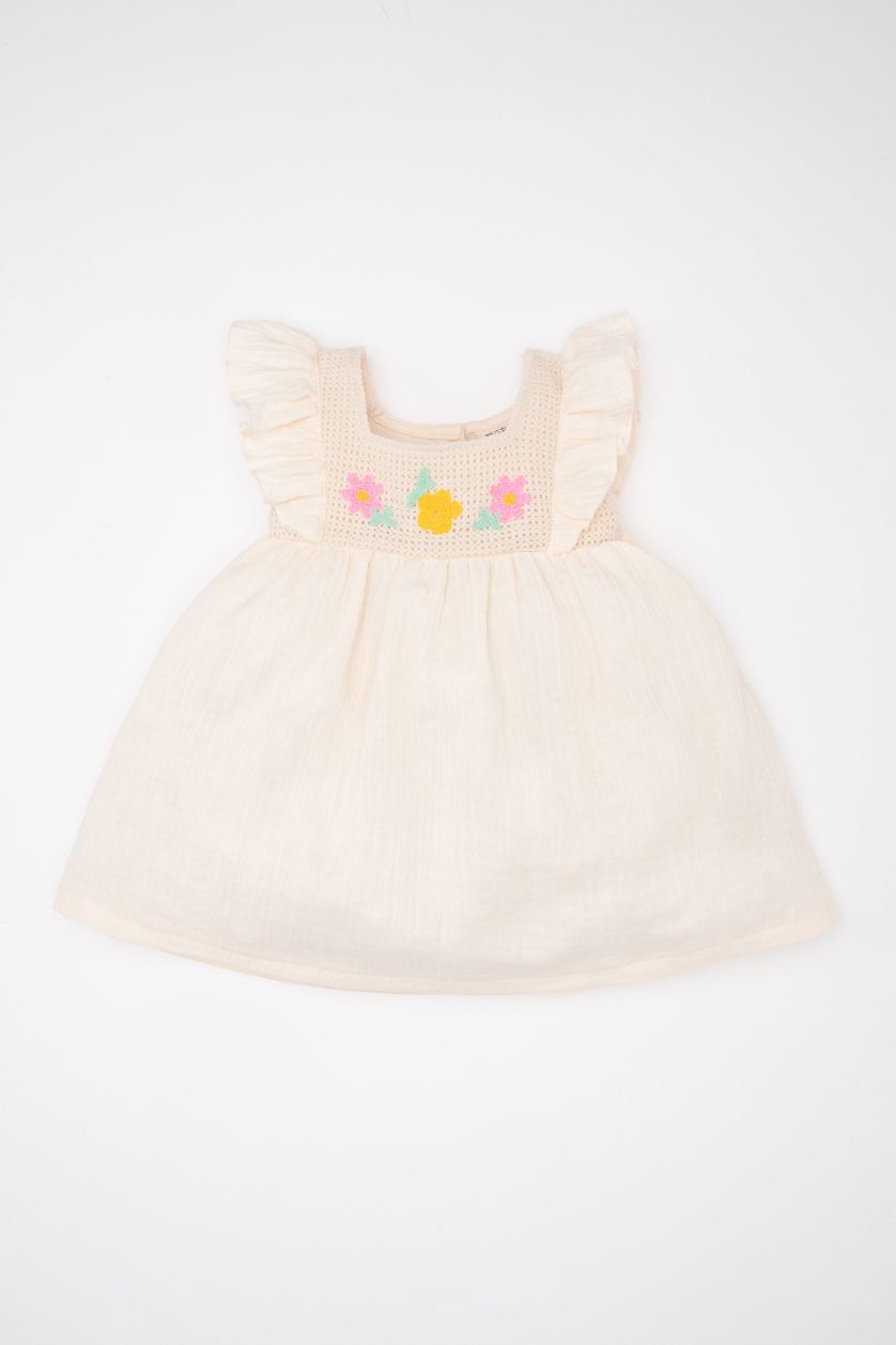 طفلة صغيرة زهري فاتح فستان بيبي بناتي فلورال موسلين قصة عادية نص كم بياقة مربعة