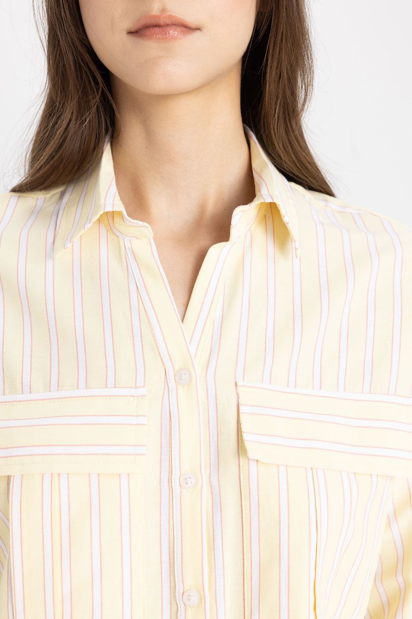 نساء أصفر تونيك مخطط بوبلين قصة مريحة وكم طويل