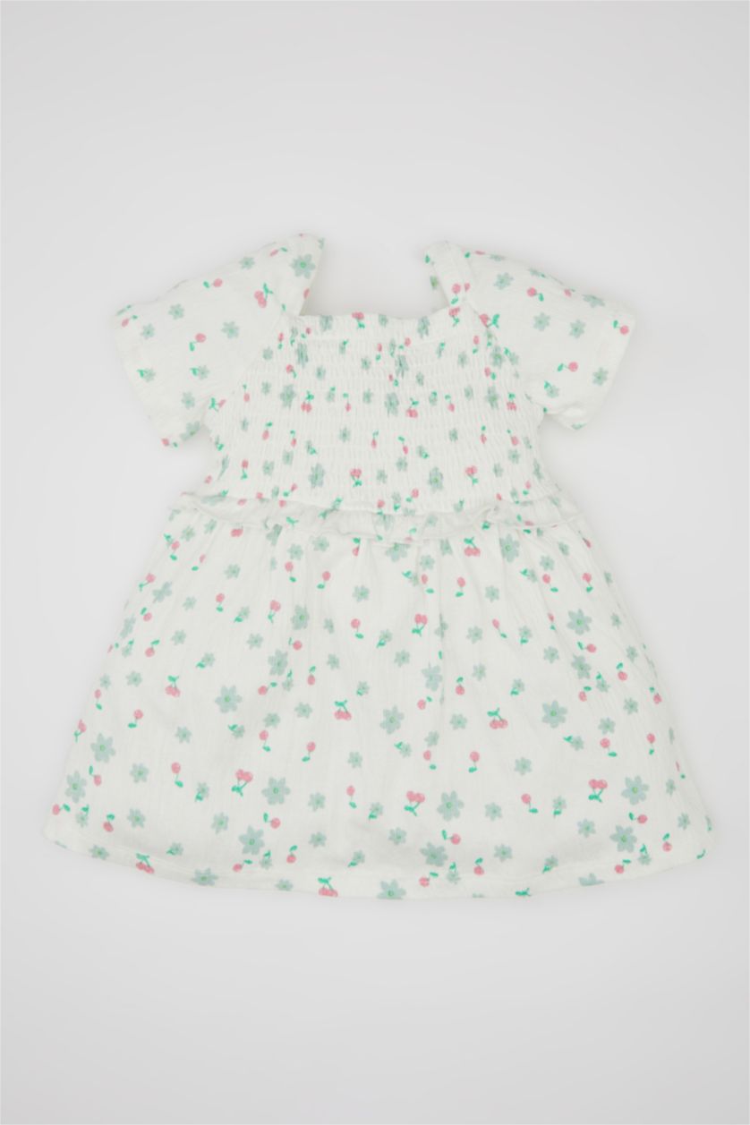 Kız Bebek Açık Pembe Çiçekli Kısa Kollu Elbise Kız Bebek
