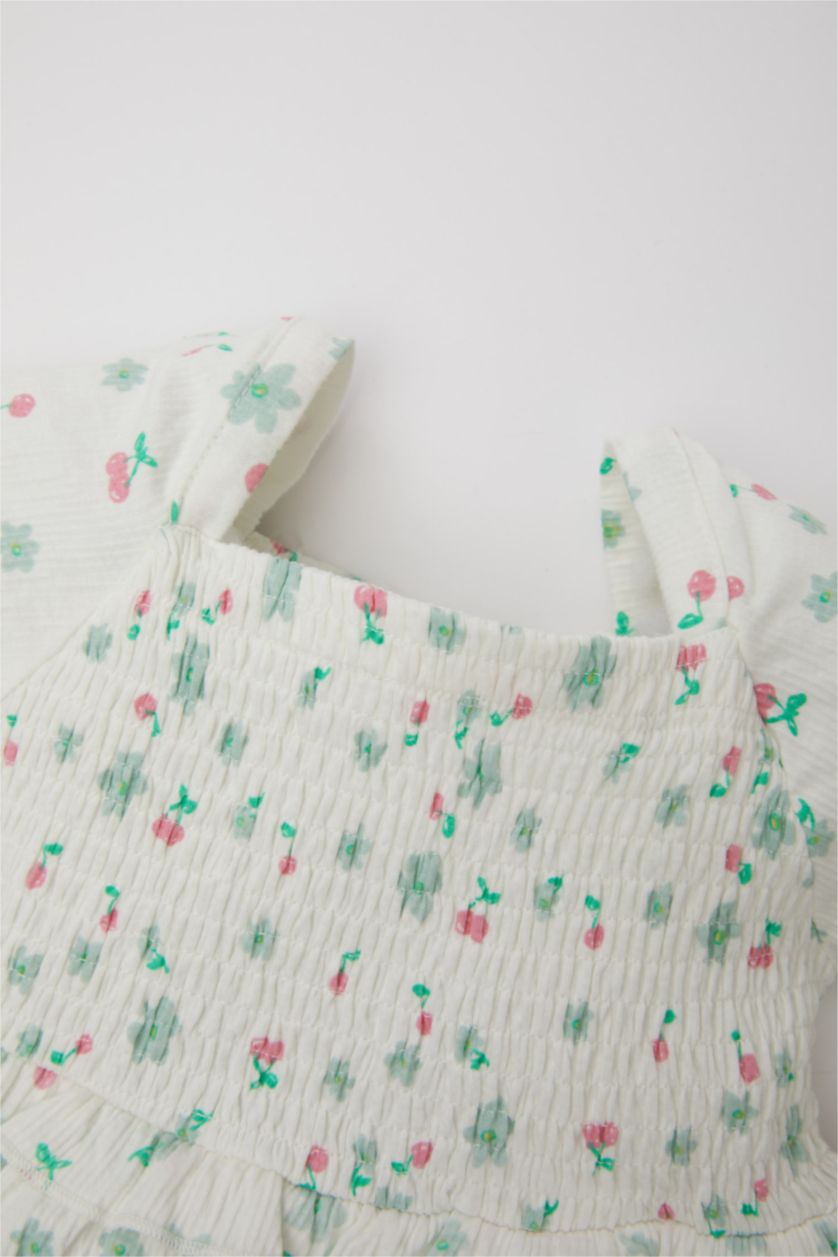 Kız Bebek Açık Pembe Çiçekli Kısa Kollu Elbise Kız Bebek