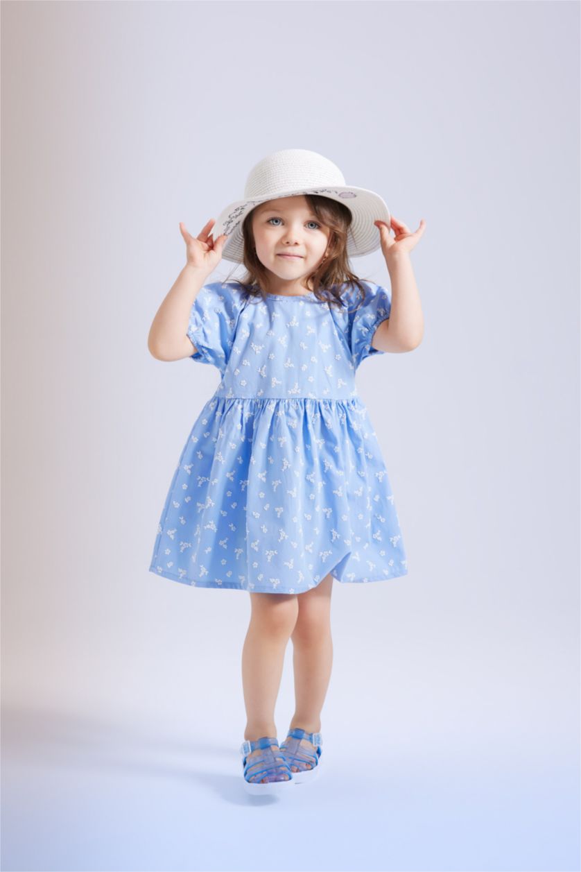 Kız Bebek Mavi Çiçekli Kısa Kollu Poplin Elbise Kız Bebek