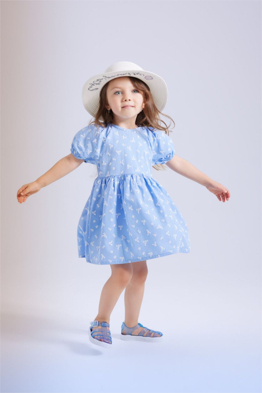 Kız Bebek Mavi Çiçekli Kısa Kollu Poplin Elbise Kız Bebek