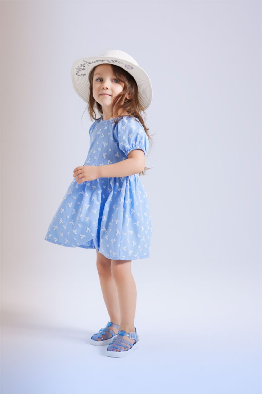 Kız Bebek Mavi Çiçekli Kısa Kollu Poplin Elbise Kız Bebek