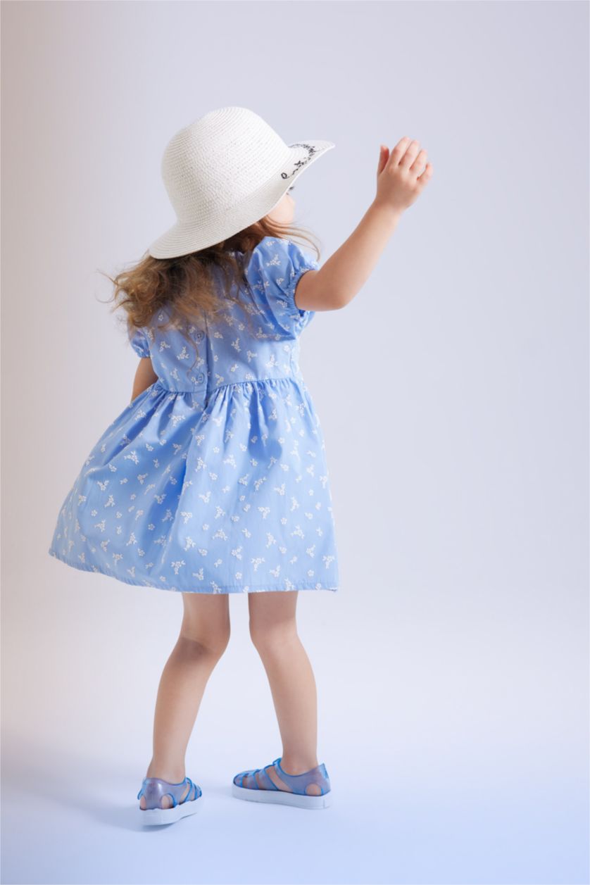 Kız Bebek Mavi Çiçekli Kısa Kollu Poplin Elbise Kız Bebek