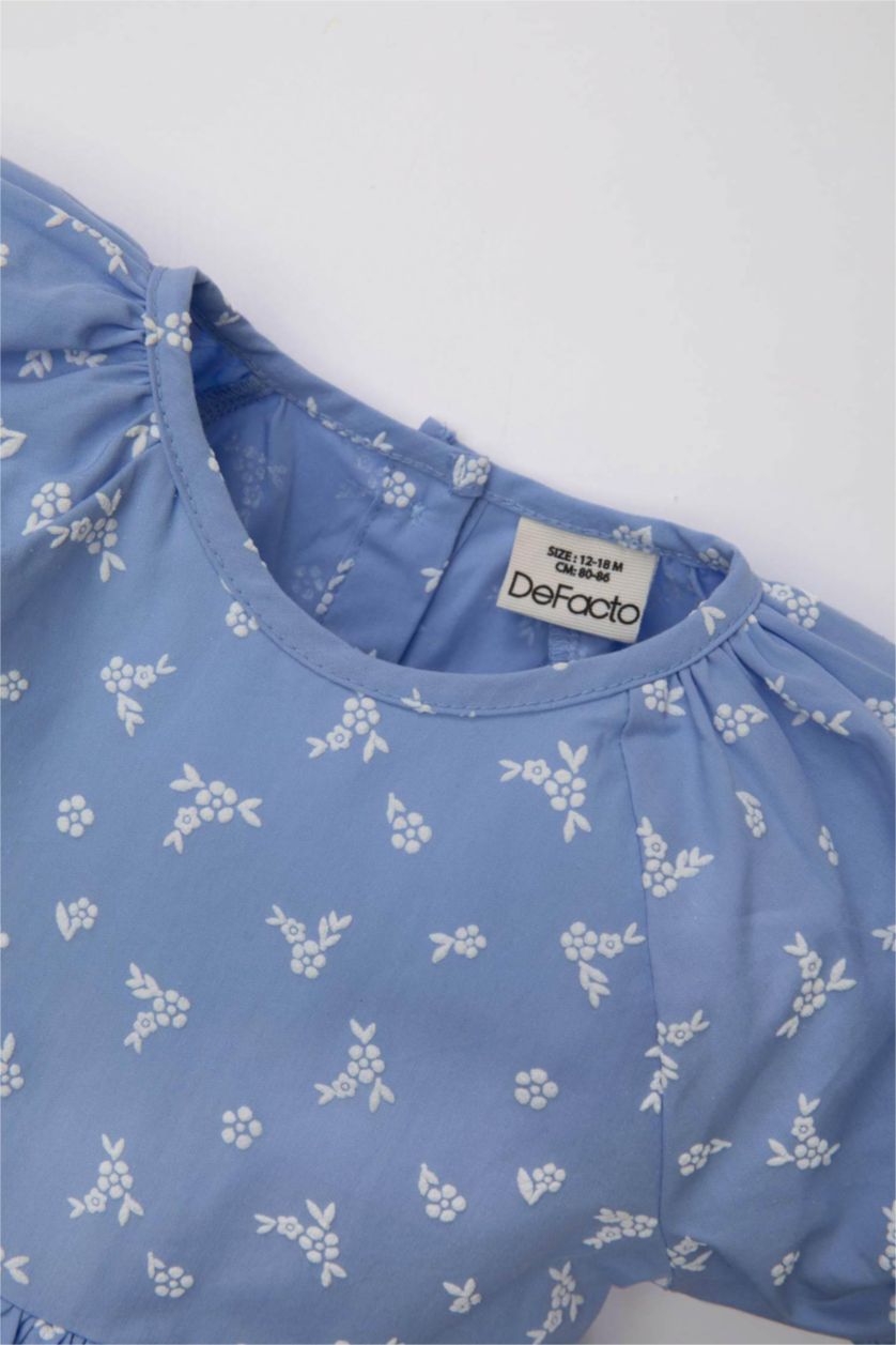 Kız Bebek Mavi Çiçekli Kısa Kollu Poplin Elbise Kız Bebek