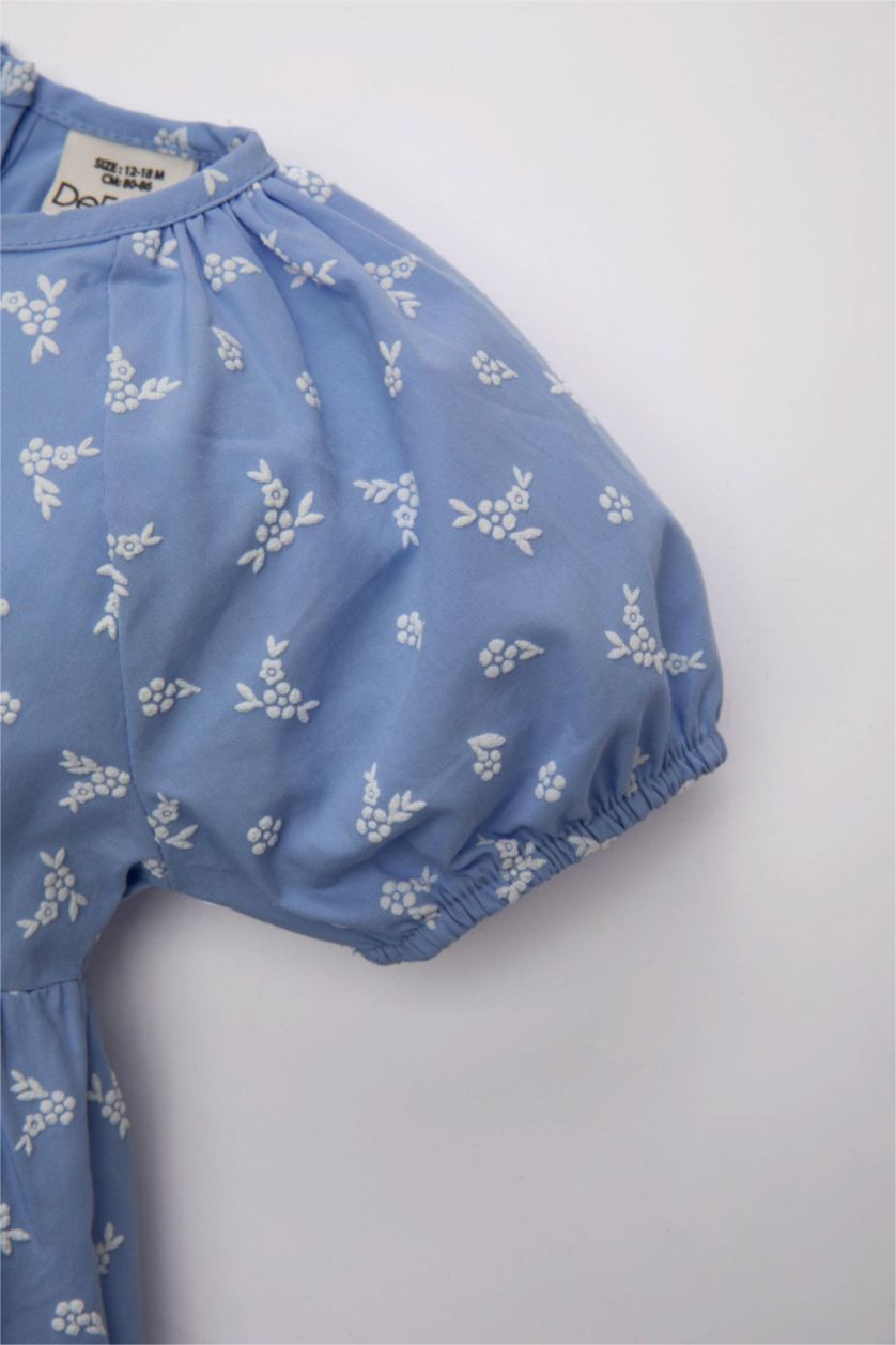 Kız Bebek Mavi Çiçekli Kısa Kollu Poplin Elbise Kız Bebek