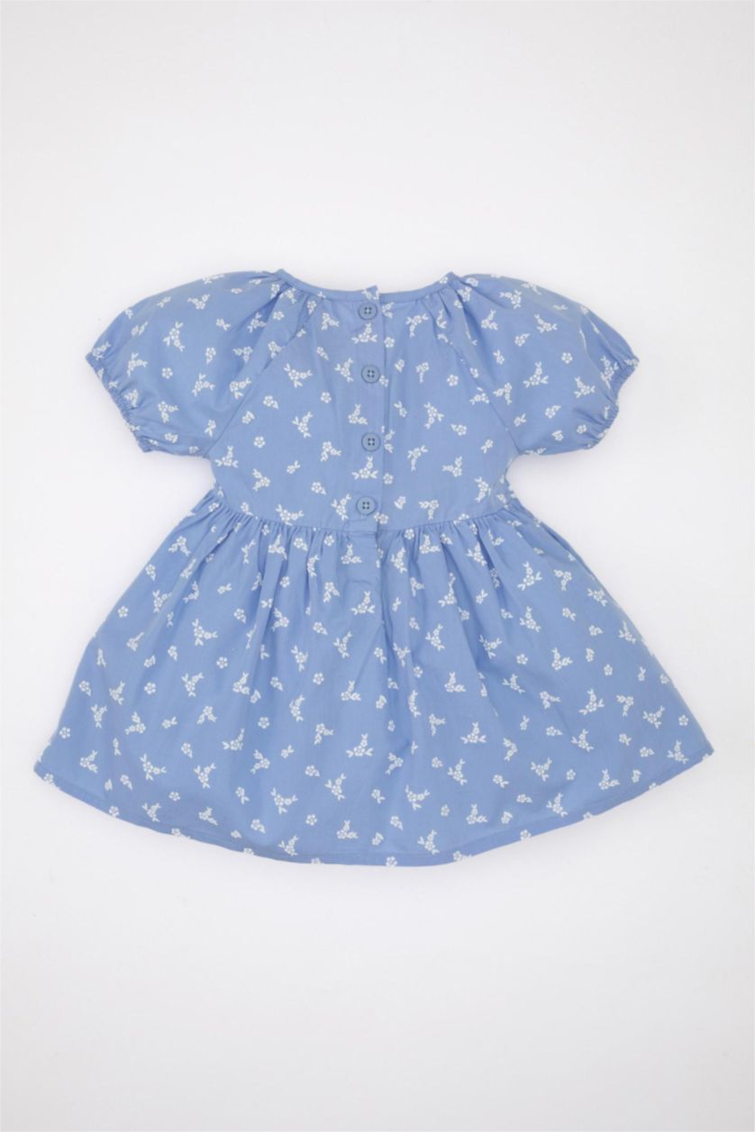 Kız Bebek Mavi Çiçekli Kısa Kollu Poplin Elbise Kız Bebek