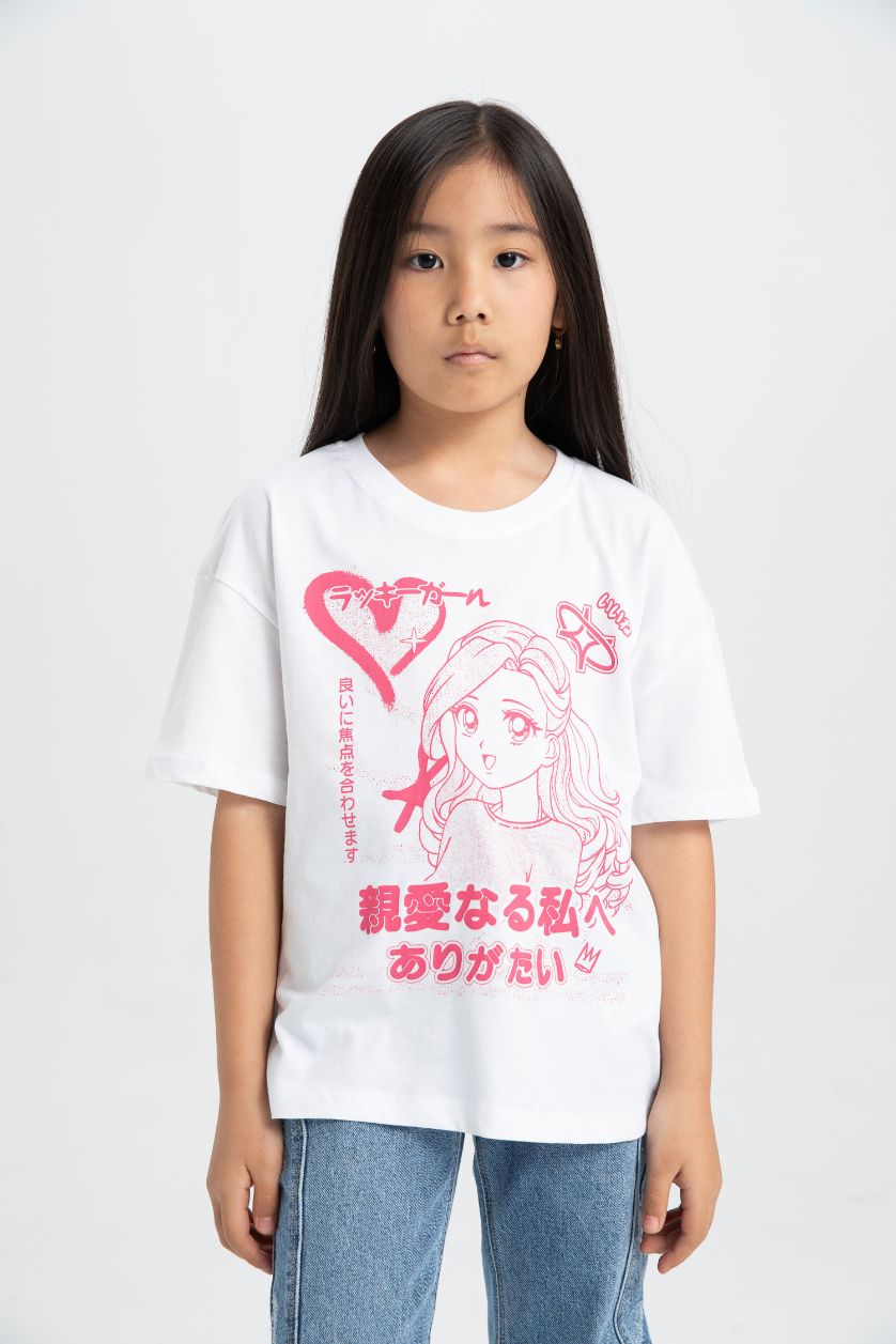 بنات أبيض تيشيرت بناتي نص ردن قصة مريحة