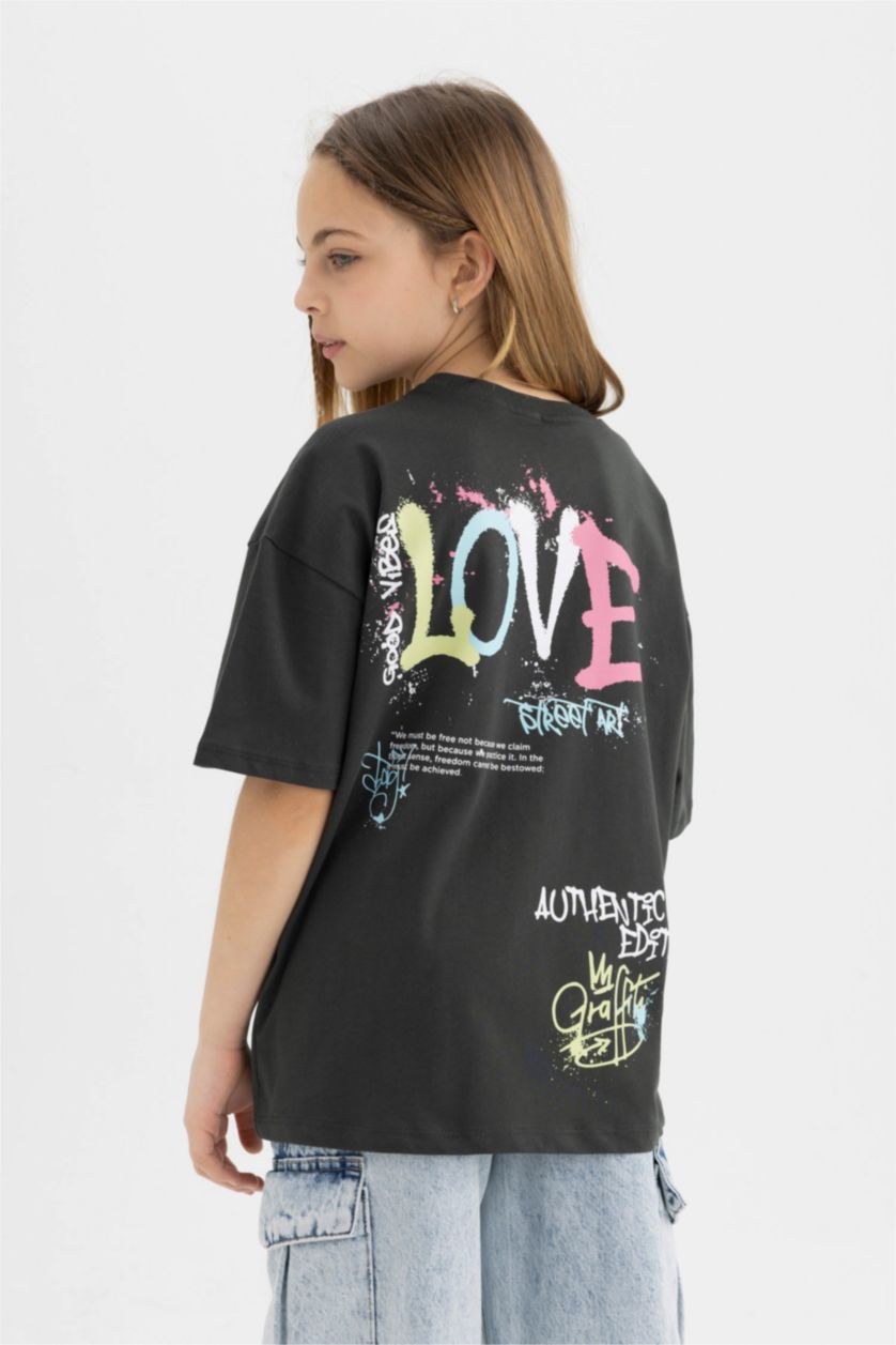 GIRLS & TEENS Anthracite Girl's Oversize Fit Back Printed Short Sleeve T-Shirt