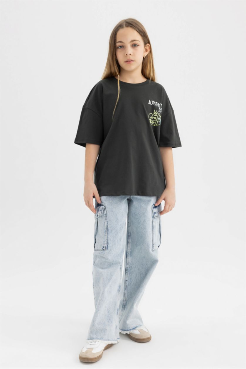GIRLS & TEENS Anthracite Girl's Oversize Fit Back Printed Short Sleeve T-Shirt