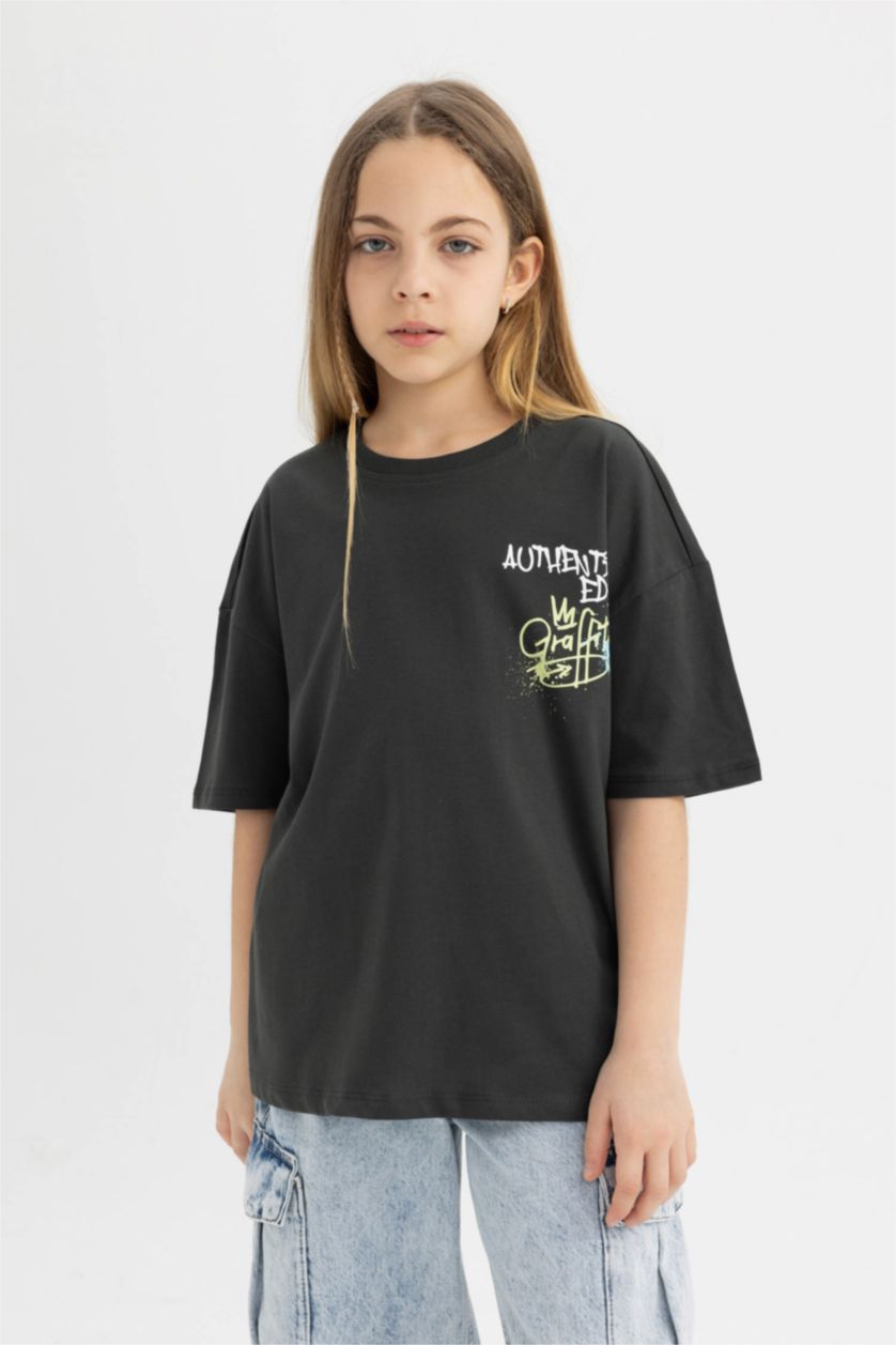 GIRLS & TEENS Anthracite Girl's Oversize Fit Back Printed Short Sleeve T-Shirt