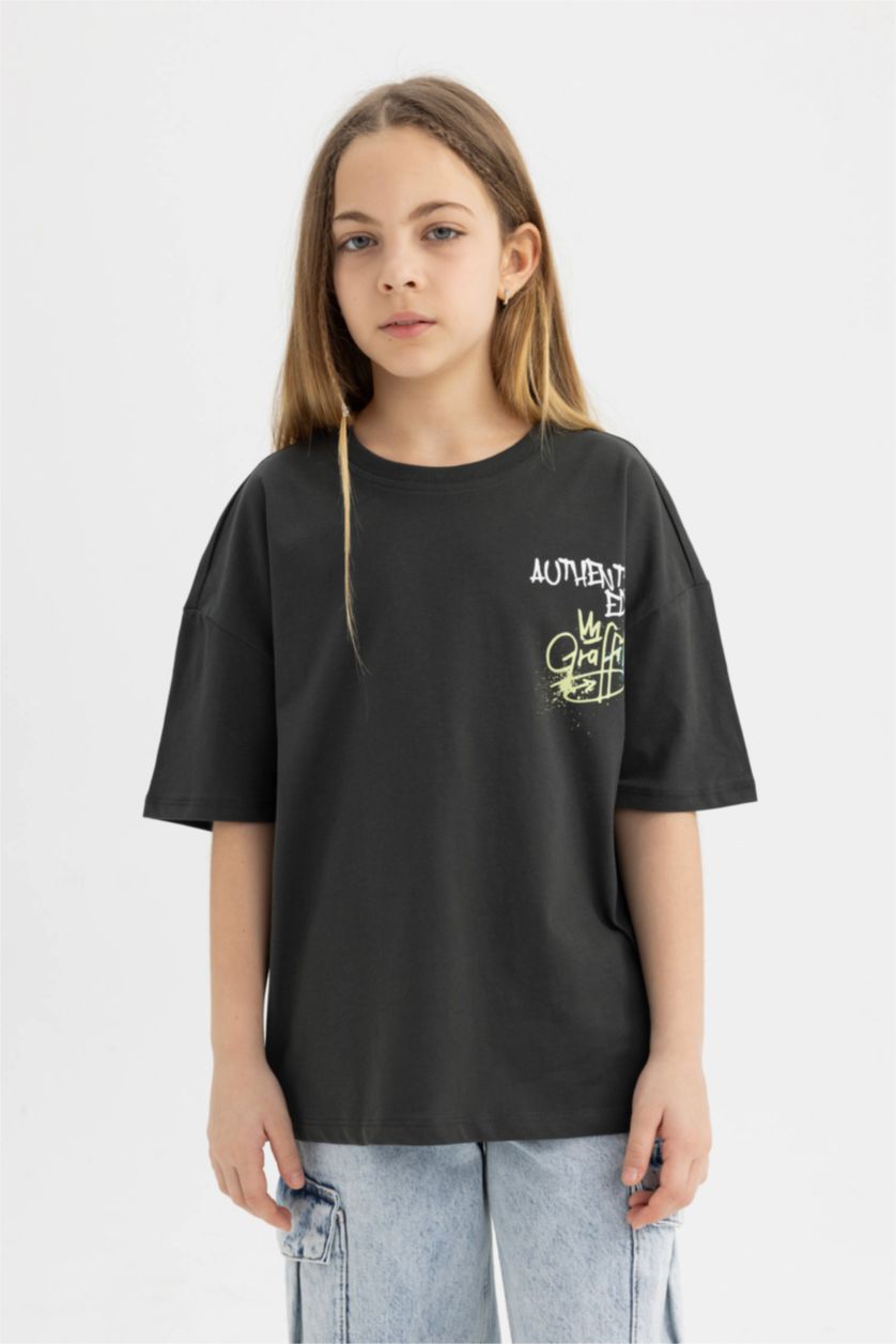 GIRLS & TEENS Anthracite Girl's Oversize Fit Back Printed Short Sleeve T-Shirt