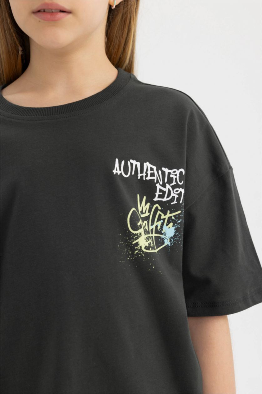 GIRLS & TEENS Anthracite Girl's Oversize Fit Back Printed Short Sleeve T-Shirt