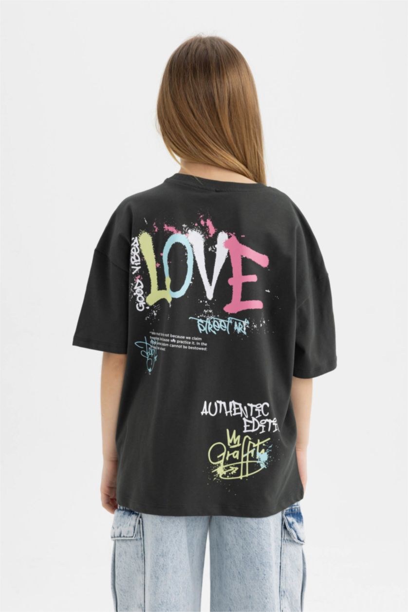 GIRLS & TEENS Anthracite Girl's Oversize Fit Back Printed Short Sleeve T-Shirt