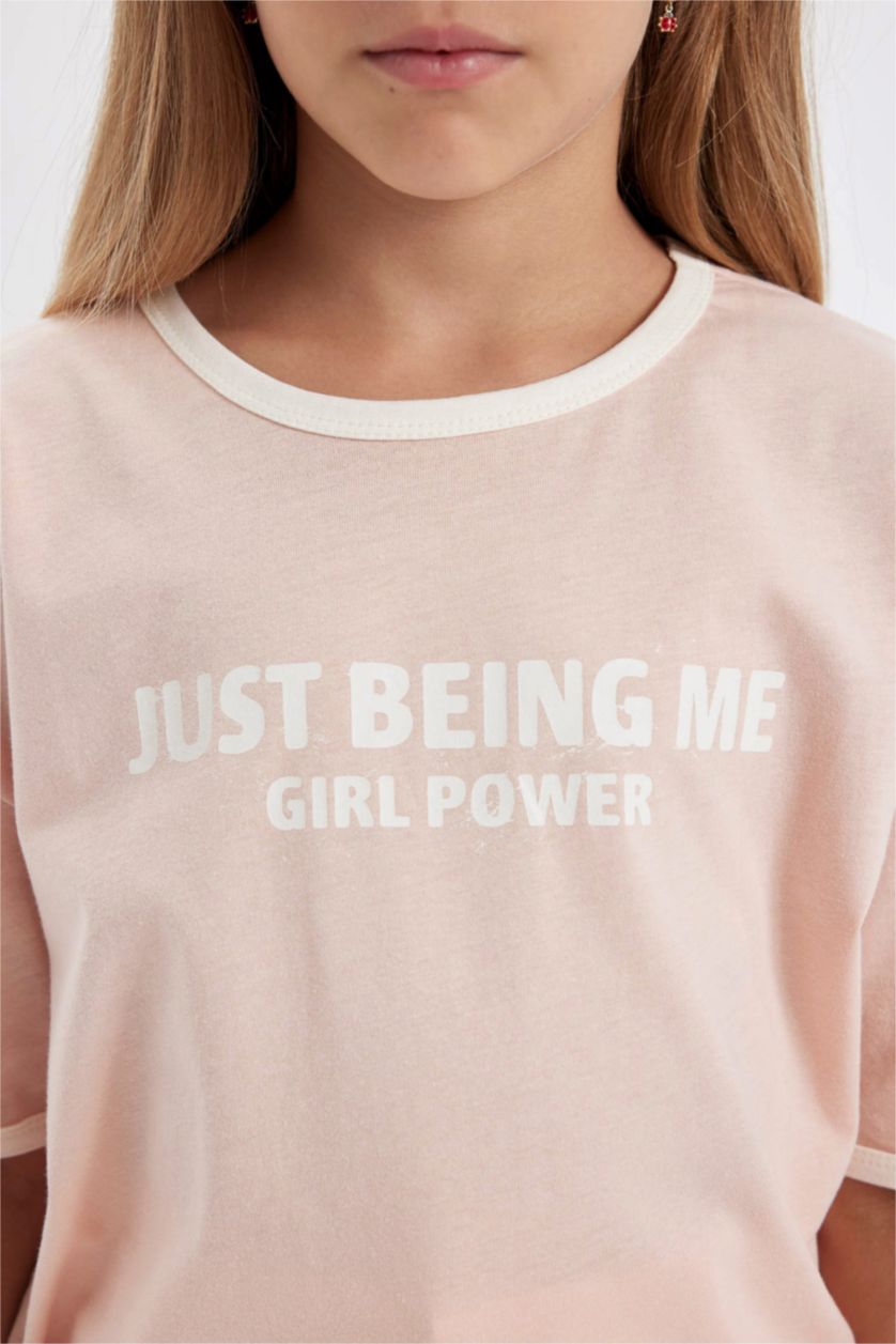 بنات زهري فاتح تيشيرت بناتي نص ردن اوفر سايز بطبعة