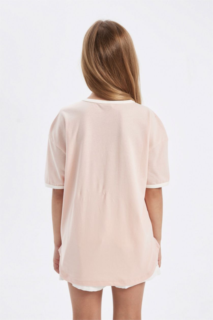 بنات زهري فاتح تيشيرت بناتي نص ردن اوفر سايز بطبعة