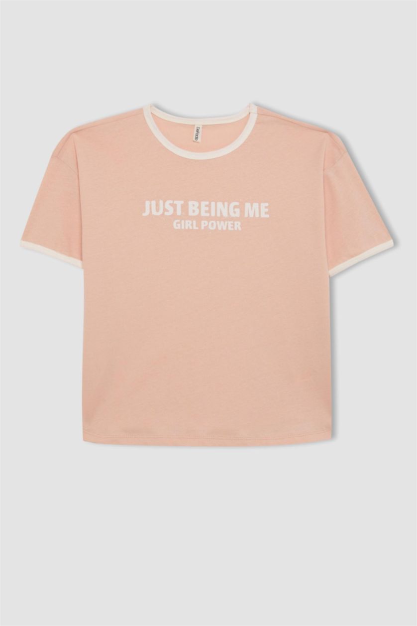 بنات زهري فاتح تيشيرت بناتي نص ردن اوفر سايز بطبعة