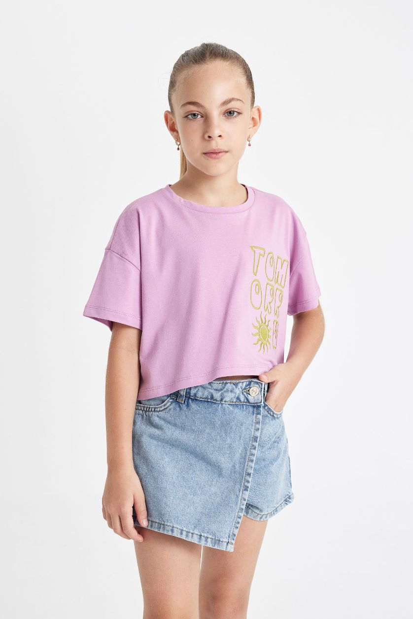 Kız Çocuk - Genç Kız Lila Crop Bisiklet Yaka Baskılı Kısa Kollu Tişört Kız Çocuk