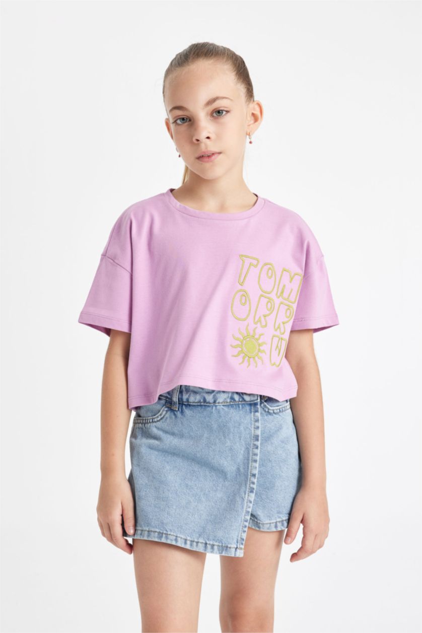 Kız Çocuk - Genç Kız Lila Crop Bisiklet Yaka Baskılı Kısa Kollu Tişört Kız Çocuk