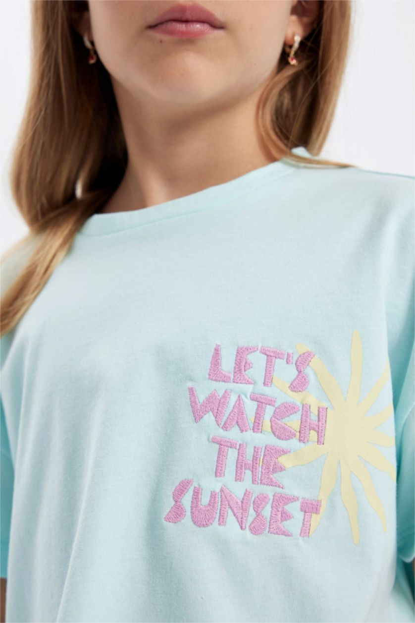 Девочки и подростки Мятный Футболка с принтом с круглым вырезом для девочек