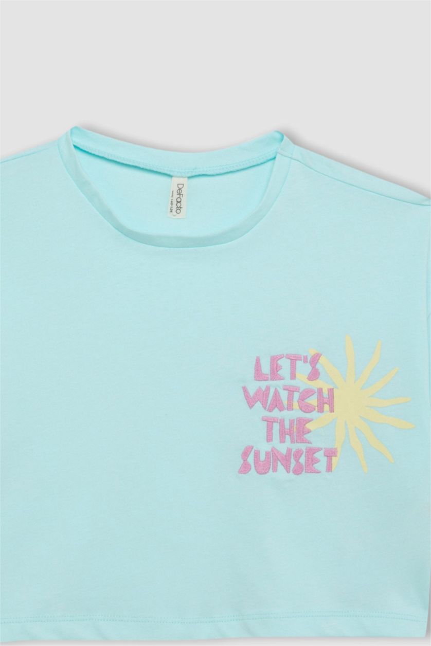 Девочки и подростки Мятный Футболка с принтом с круглым вырезом для девочек