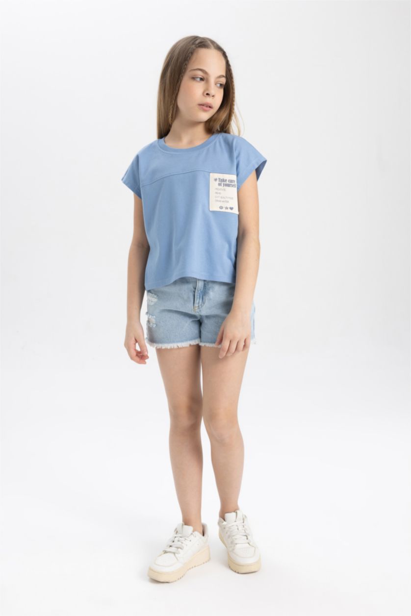 Kız Çocuk - Genç Kız Mavi Boxy Fit Bisiklet Yaka Baskılı Kısa Kollu Tişört Kız Çocuk