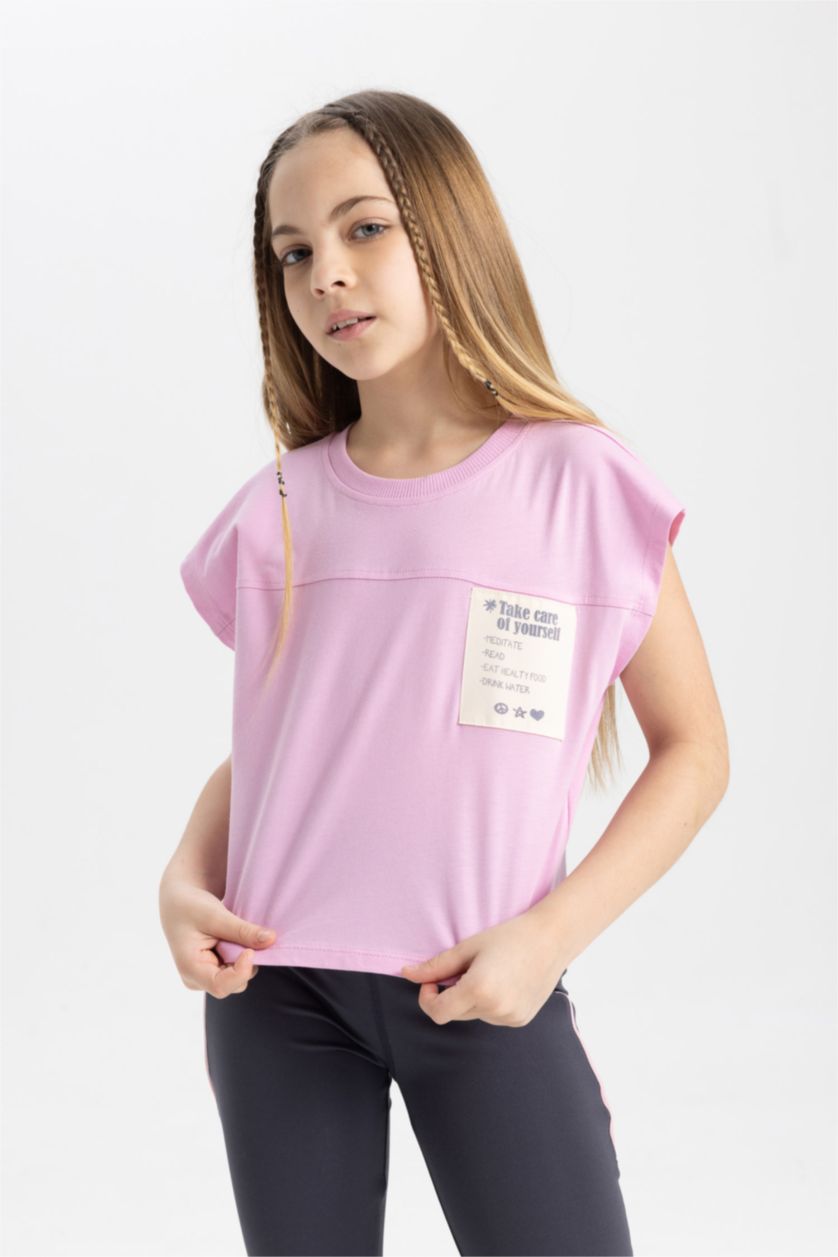 Kız Çocuk - Genç Kız Pembe Boxy Fit Bisiklet Yaka Baskılı Kısa Kollu Tişört Kız Çocuk