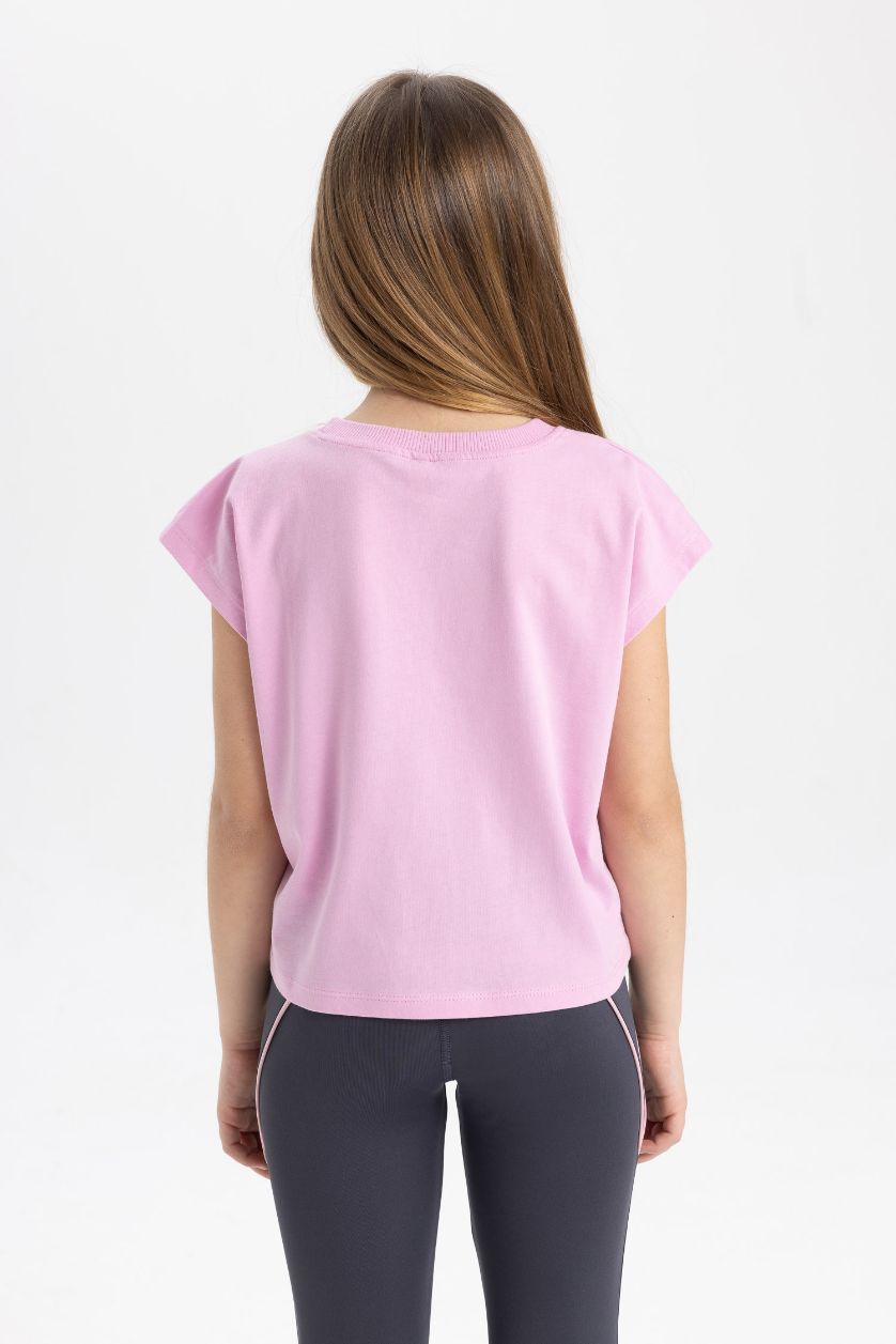 Kız Çocuk - Genç Kız Pembe Boxy Fit Bisiklet Yaka Baskılı Kısa Kollu Tişört Kız Çocuk