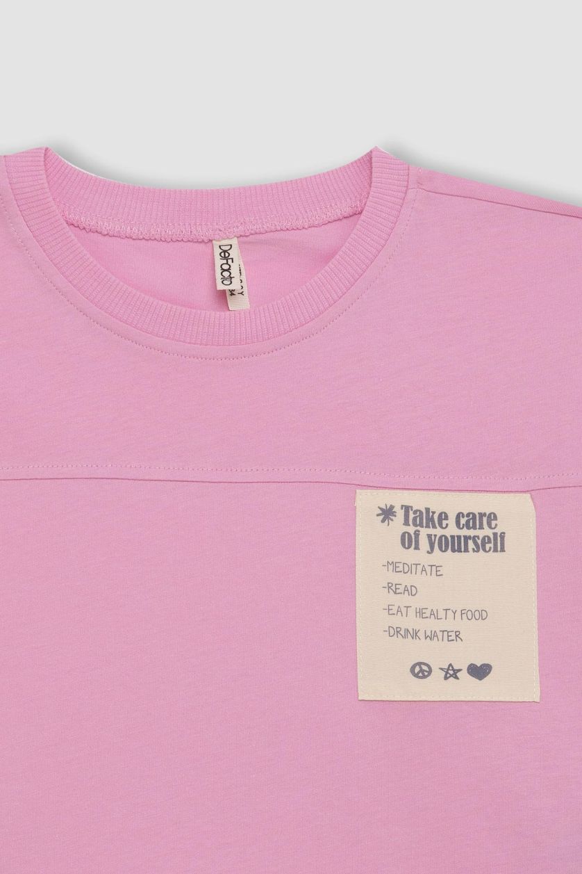 Kız Çocuk - Genç Kız Pembe Boxy Fit Bisiklet Yaka Baskılı Kısa Kollu Tişört Kız Çocuk