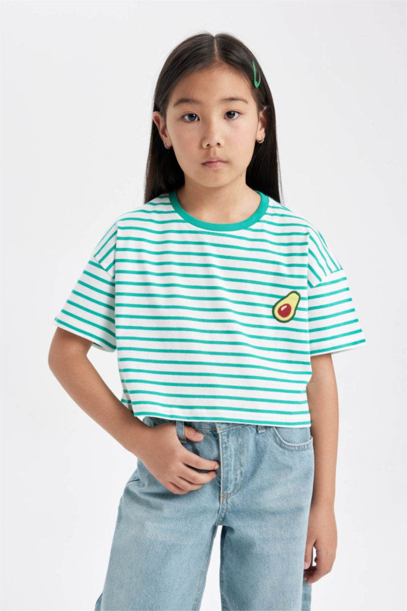 Girls & Teens Green Girl Crew Neck Striped Short Sleeve T-Shirt